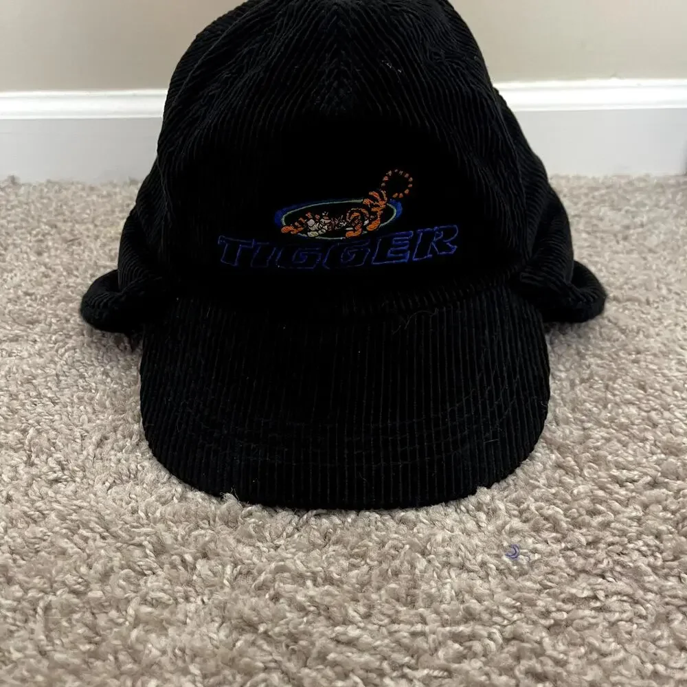 Vintage 90s  Disney Tigger Black Corduroy EarFlap Hat Faux‎ Fur Adult Size